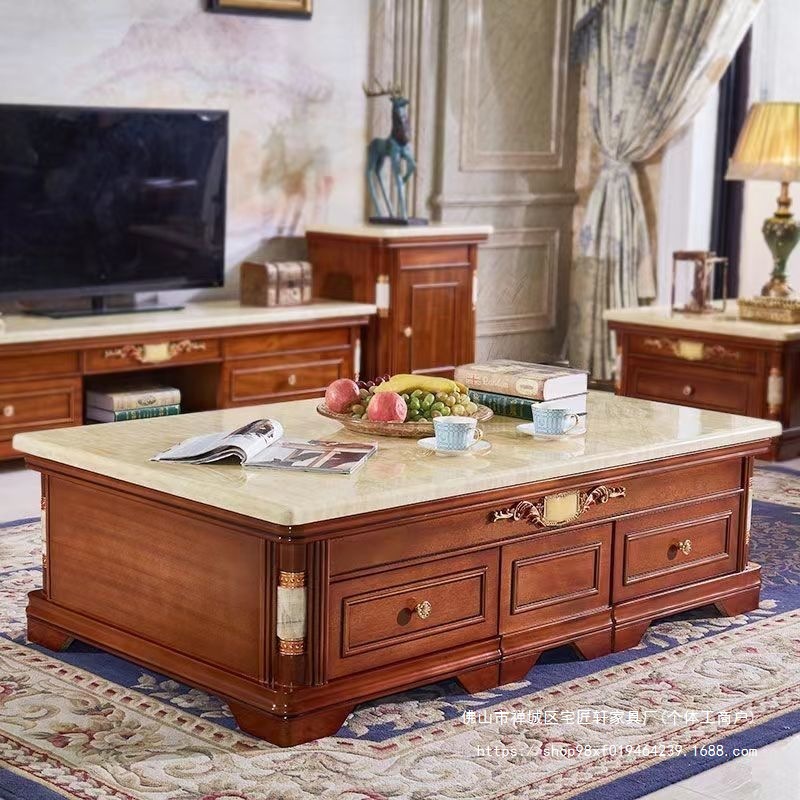 欧式大理石实木茶几电视柜小户型组合客厅套装天然凳子现代简约