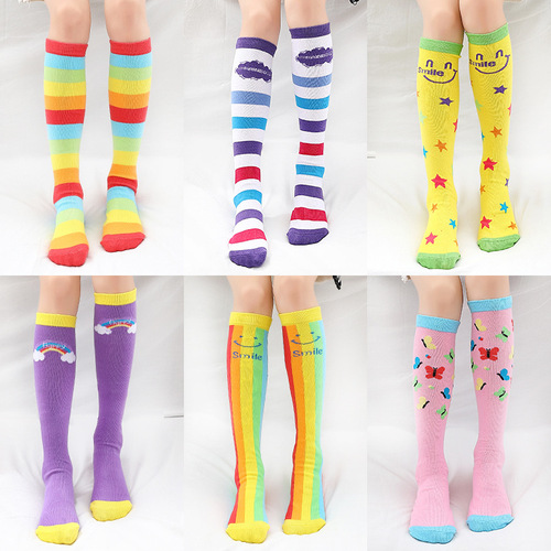  spring and autumn new style rainbow striped children's mid-calf socks, cotton knee-high socks, high socks for boys and girls