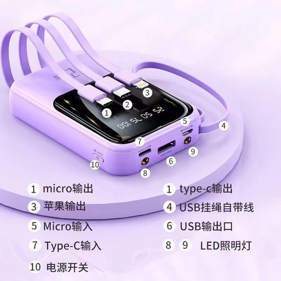 Wholesale self-belt line convenient charging treasure 20000 mA business activities hand gift mobile power printed LOGO