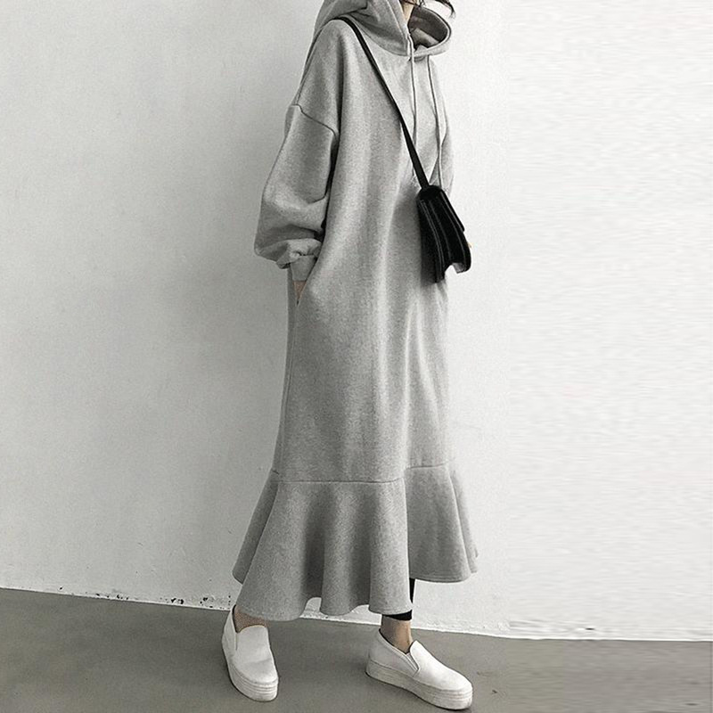 In-Stock Cross-Border 2026 Autumn and Winter New Korean Style Elegant Loose Hooded Sweatshirt Dress Over-The-Knee Fishtail Skirt Dress