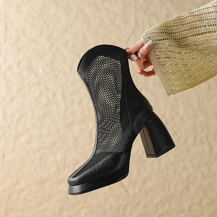 Boot lưới nữ mũi vuông đế xuồng cao gót, phối lưới thoáng mát — Màu nâu, Màu đen