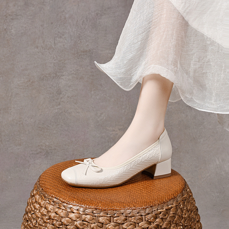 Square Toe High Heels for Women 2025 Spring and Summer Korean Style Bow Shallow Mouth Thick Heel Medium Heel Slip-On Shoes Mary Jane Shoes