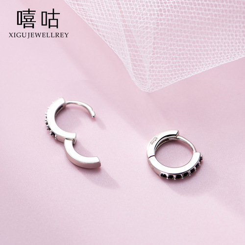 Xigu E0280 S925 Silver Earrings Feminine Personality Black and White Zircon Ear Bone Rings No Need to Remove Earrings When Sleeping