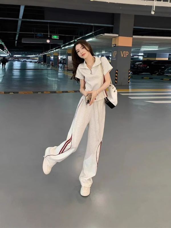 女性のためのファッショナブルなスーツ夏の新しい韓国スタイルの西洋スタイルの年齢を減らすポロカラートップカジュアルスポーツワイドレッグパンツ 2 点セット|undefined