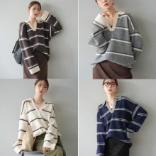日系乐天ins外单V领条纹宽松针织衫日单毛衣白领上衣女跨境外贸
