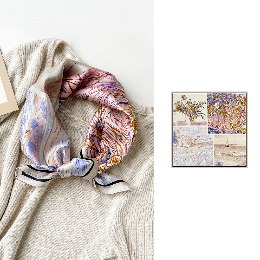 Premium Silk Satin Scarf Ethnic Style Cherry Print Square Neck Scarf Vintage Summer Silk Handkerchief For Women - Thumbnail 7