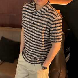 夏季新款复古条纹肌理感POLO衫短袖男老钱风高档轻奢宽松百搭T恤