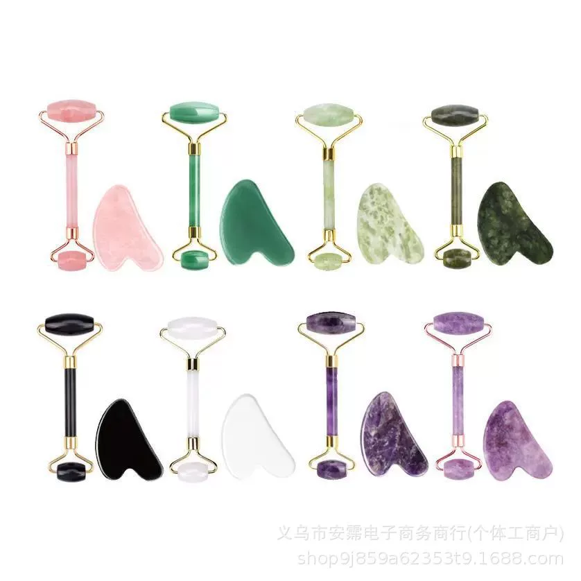 Набор для массажа с роликом из розового кварца и нефрита в форме сердца, двусторонний ролик для глаз и лица, массажная палочка для красоты