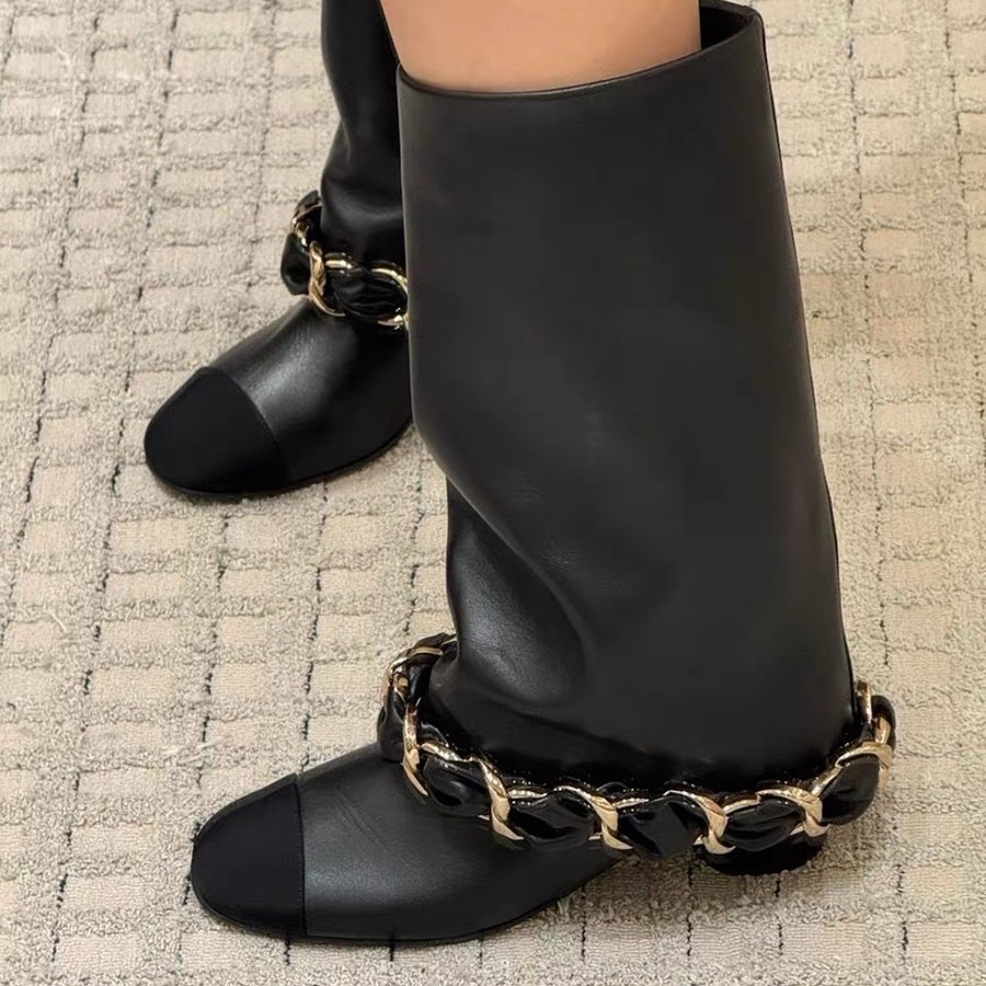 牛皮版～小香风金属链子高筒裤管靴女时尚不过膝辣妹长筒靴骑士靴