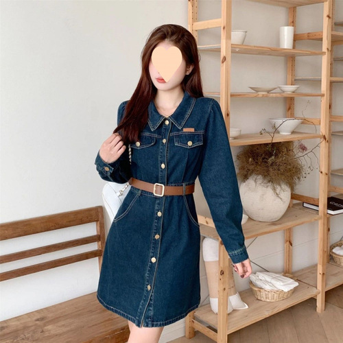 Large size retro collar, long-sleeved denim dress, women's spring new dress, fat cover the belly and show slimming