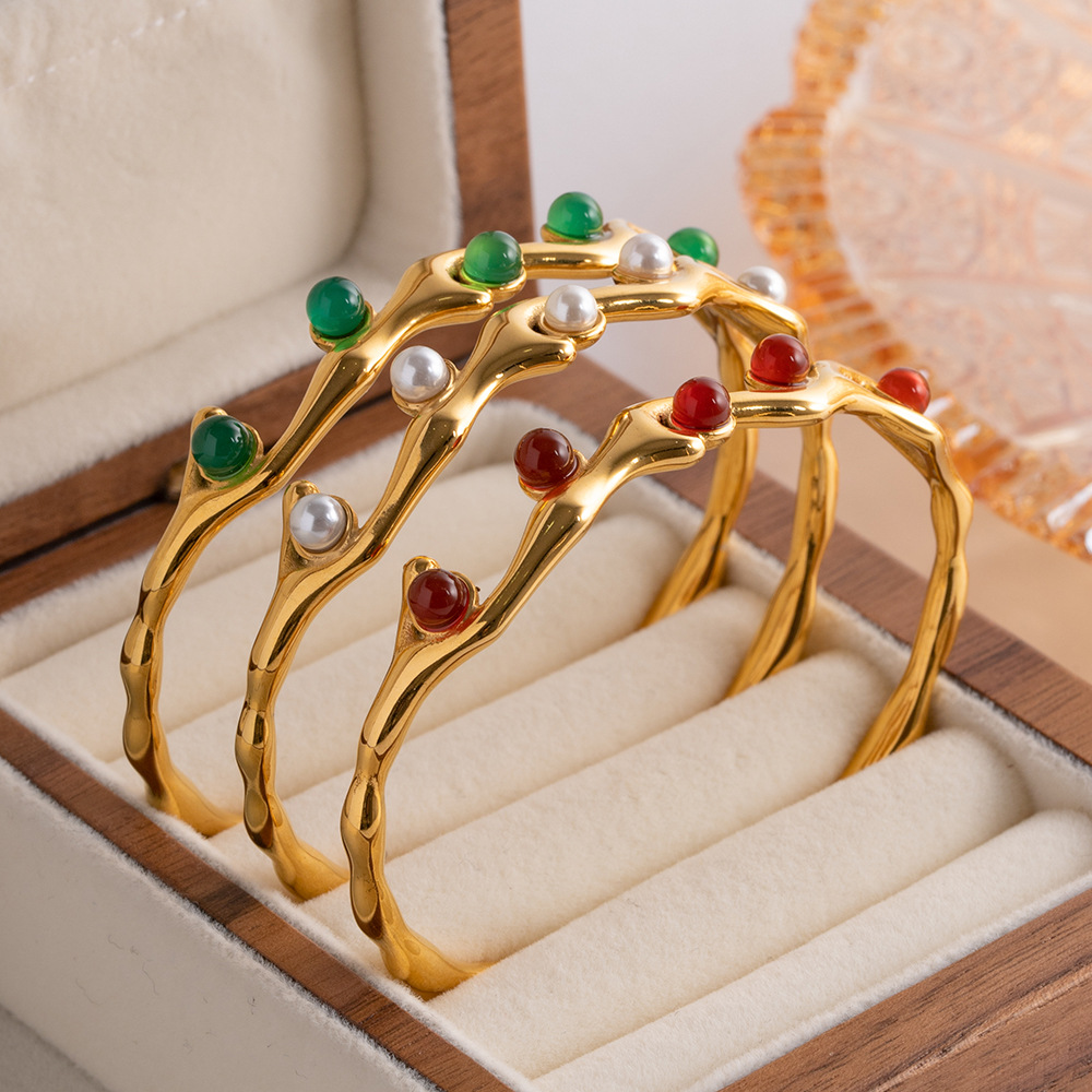 Retro Geometric Stainless Steel Plating Natural Stone Bangle 1 Piece