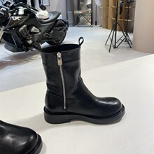 牛皮版~黑色短靴女2025秋冬新款加绒中跟骑士靴侧拉链中筒靴子