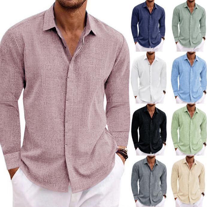 Men's Linen Long-sleeved T-shirt Loose T-shirt Solid Color Long-sleeved Cotton and Linen Shirt Men's plus size Men's Shirt