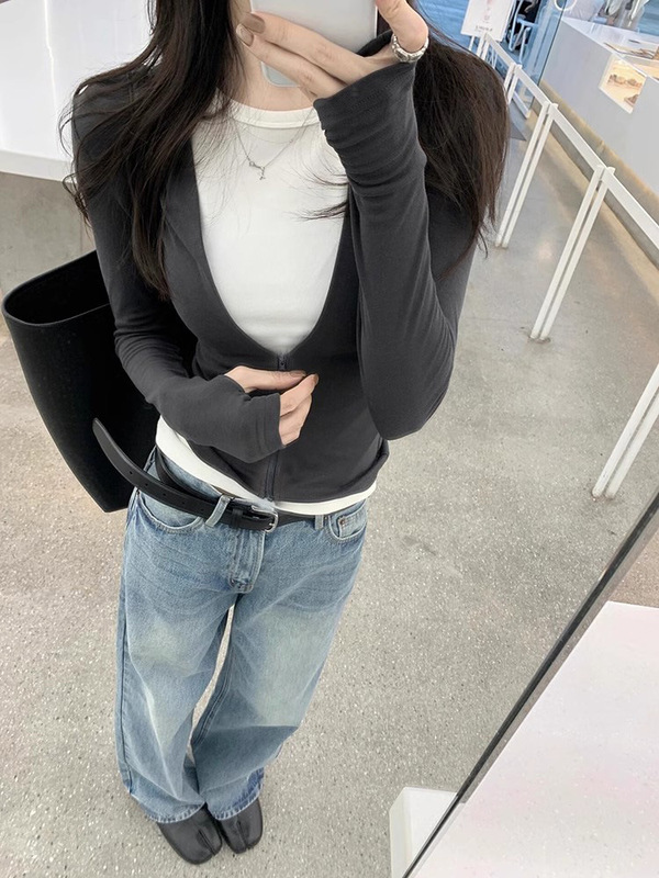 独特假两件上衣早秋冬季撞色辣妹长袖T恤女拉链款小众设计打底衫|undefined