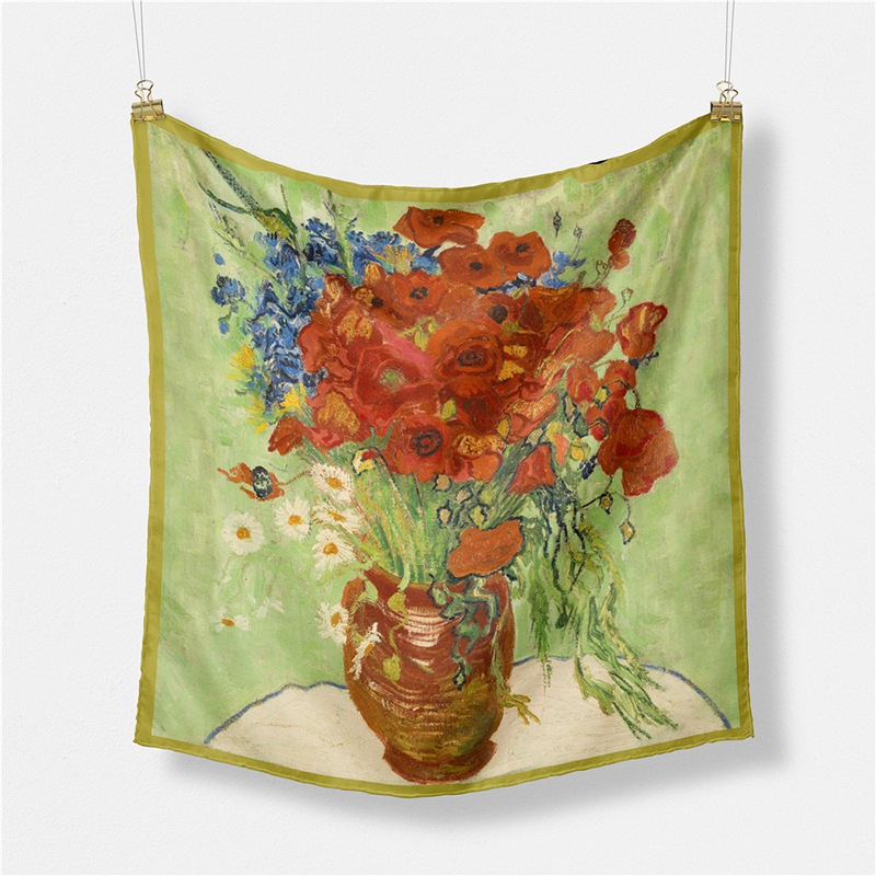 Van Gogh arte pintura al óleo serie pequeña bufanda cuadrada de las mujeres nuevo todo-Partido bolsa de corbata de sarga artificial de seda pequeña bufanda cuadrada bufanda
