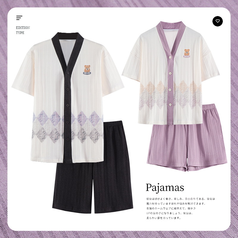 Couple Pajamas,Women's Summer Short-sleeved Shorts,Kimonos,Summer Thin Cartoon Men's Home Clothes Suits,In Stock