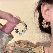 天然石超仙法式彩色串珠耳环轻奢级感耳钉女2023年新款洋气耳饰