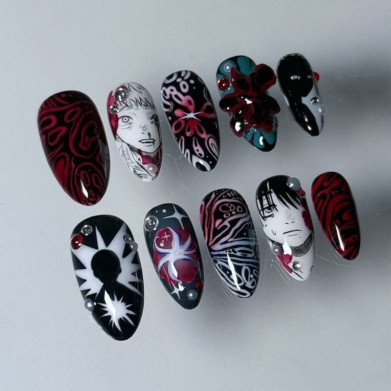 Cross-Border Almond-Shaped Gothic Style Comic Dark Style Rhinestone Nail Tips Removable Press-On Nails