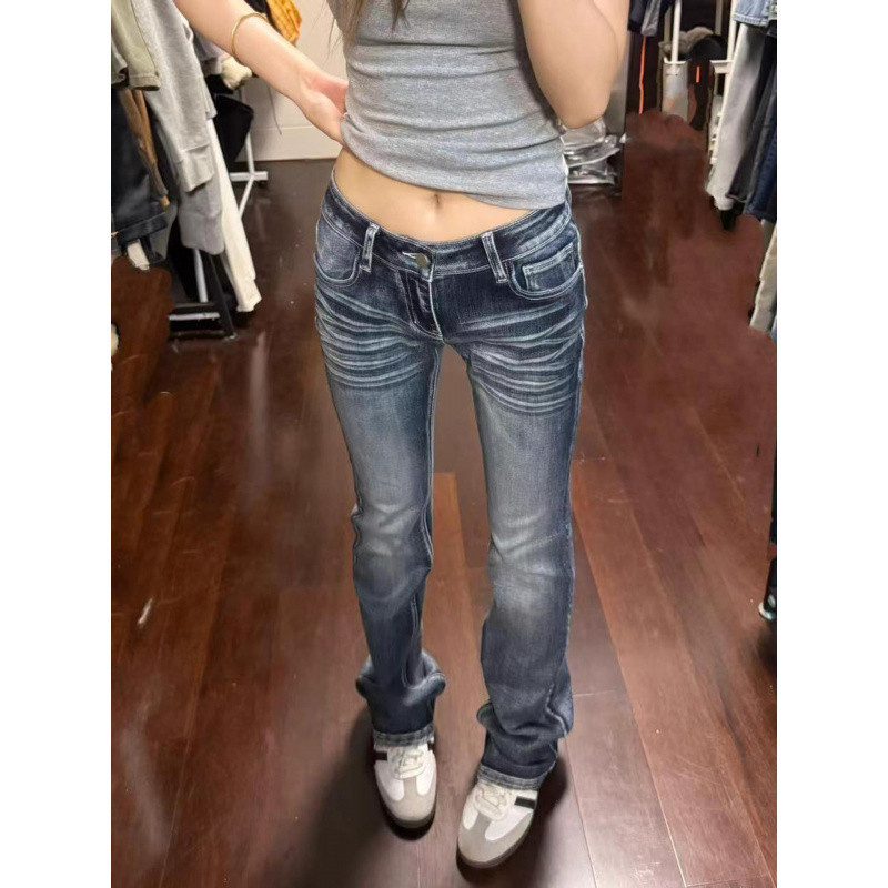 W2F实价#复古深色微喇牛仔裤女秋新款低腰辣妹弹力马蹄裤高个子裤|undefined