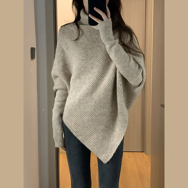 Suéter suave de punto irregular de cuello alto estilo coreano para mujer, novedad de primavera 2024, estilo holgado y relajado