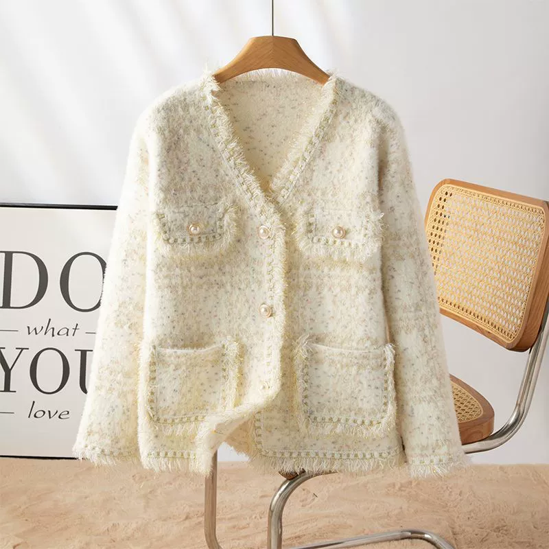 2025 маленький ароматный ветер куртка осенний вязаный кардиган с кисткой водонепроницаемый норковый бархат новый темперамент французский свободный топ женский