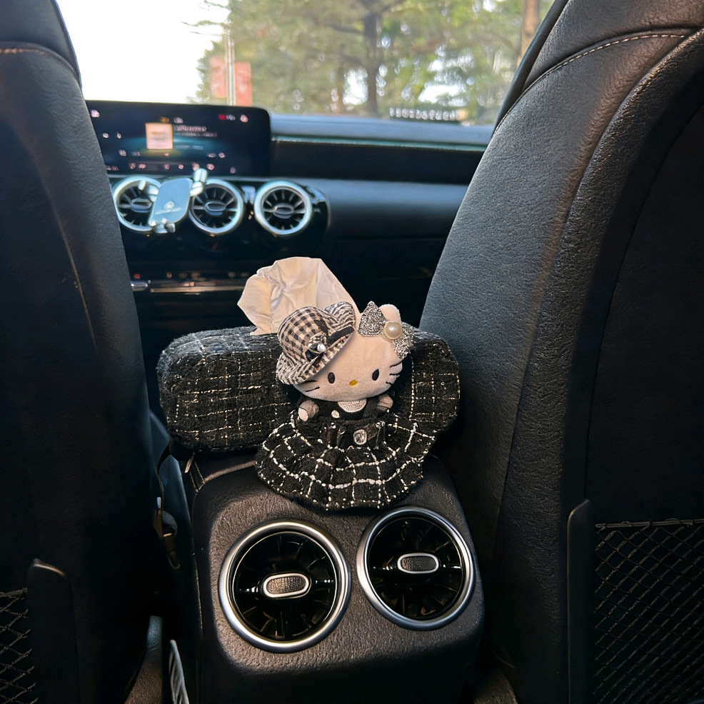 Chanel-Style Hello Kitty Car Tissue Box for Girls, Car Dashboard Armrest Tissue Holder, Car Doll Tissue Box