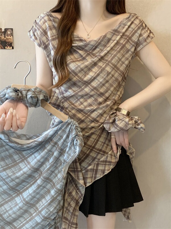 40D Mesh One-Shoulder Contrast Plaid Short-Sleeve Shirt for Women, Summer Irregular Slimming Versatile Top for Plus-Size Girls 40D Mesh One-Shoulder Contrast Plaid Short-Sleeve Shirt for Women, Summer Irregular Slimming Versatile Top for Plus-Size Girls