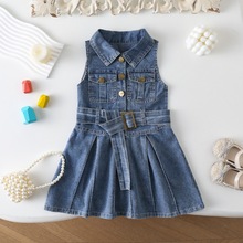 女童公主裙无袖牛仔裙夏季新款韩版儿童翻领收腰背心连衣裙送腰带