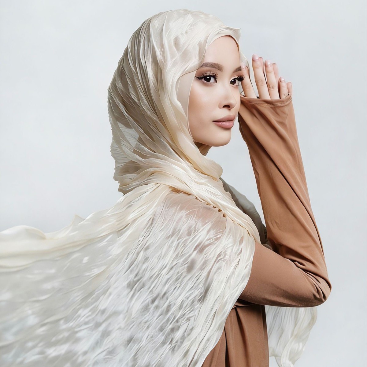 Foreign trade spring-summer shiny elastic crinkled sheer scarf, long scarf, solid color, breathable, ruffled edge, soft head wrap, silk scarf