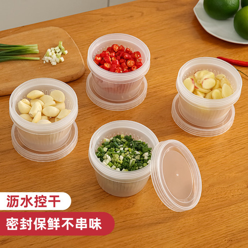 Japanese scallion preservation box, kitchen food storage, thickened, sealed, double-layer drainage ginger garlic refrigerator storage box