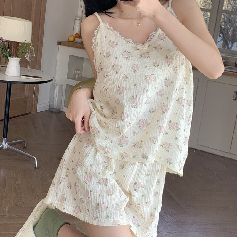 Wennie 삼촌 프렌치 파자마, 가슴 패드 여름 꽃 소녀 Camisole 반바지 면 투피스 세트