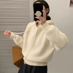 2025秋冬新款韩系慵懒风连帽抽绳毛衣套头女宽松百搭针织衫上衣潮