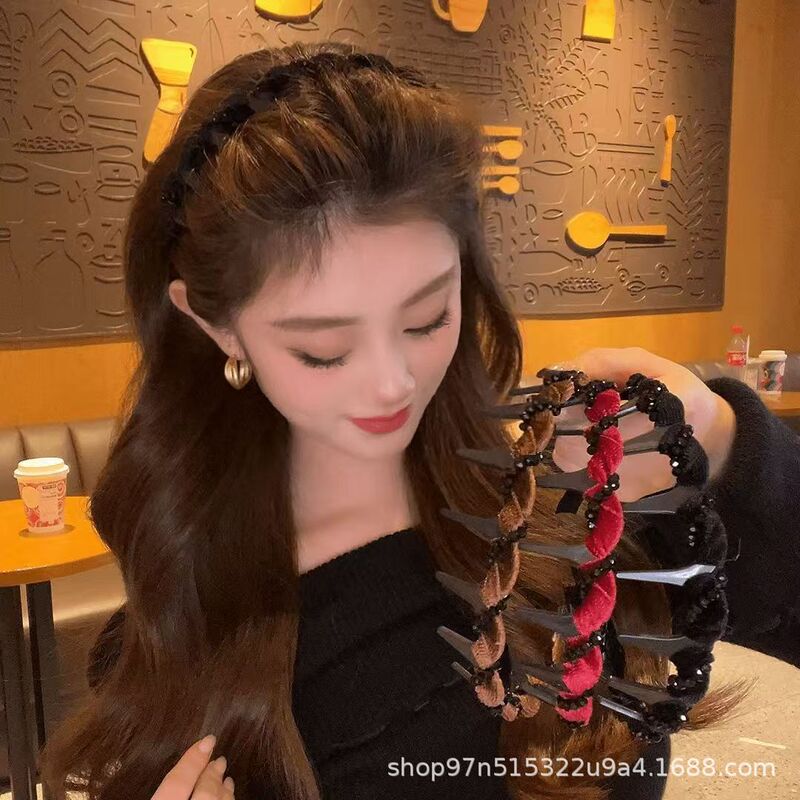 丝绒闪钻高颅顶波浪发箍女带齿梳防滑洗脸发卡纹理感正反两戴头箍|undefined