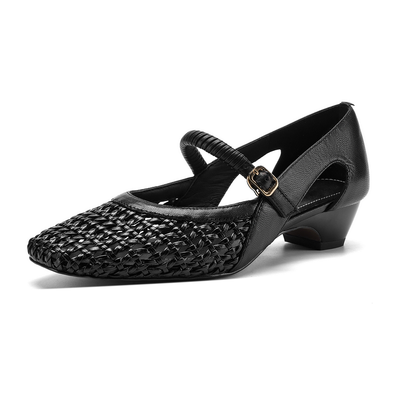 Giày sandal nữ gót thấp 3 cm mũi vuông hở bên da cừu đi làm — đen chi tiết 24