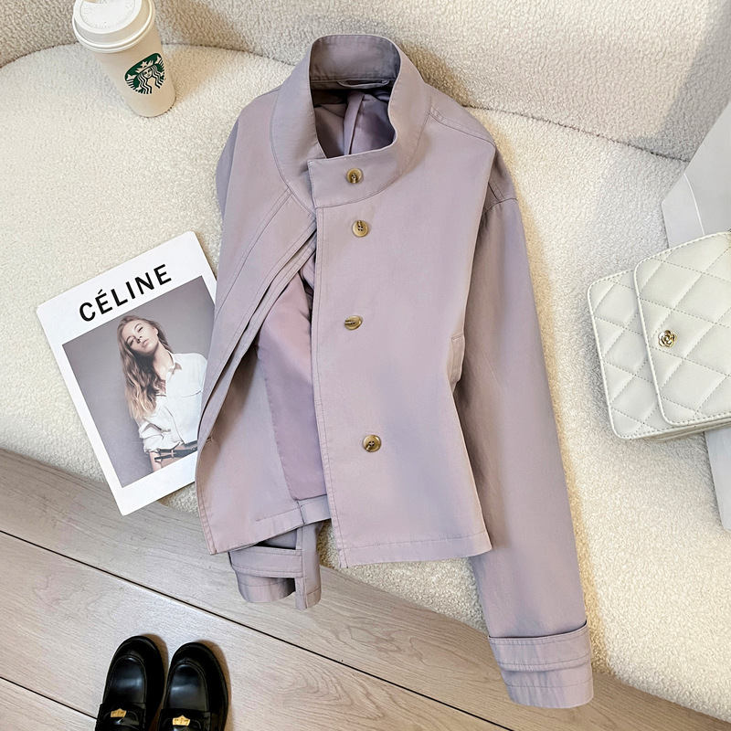 Coral Purple Super Stylish Short Trench Coat for Petite Women, 2026 Spring New Korean Fashion Elegant Top
