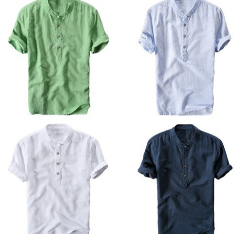 Q040 Summer Travel and Vacation Men's Casual Simple Fresh Linen Shirt Thin Solid Color Short-sleeved Casual T-shirt