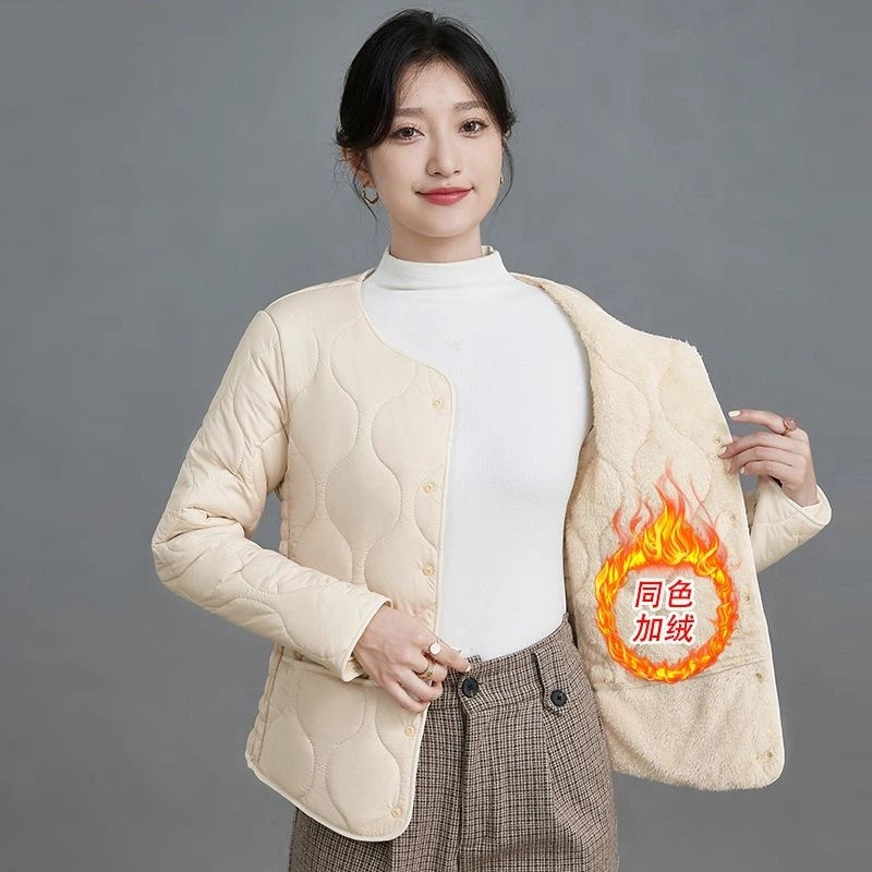 秋冬2025女士修身加绒保暖羽绒棉内胆短款加厚棉袄中老年轻薄外套|undefined