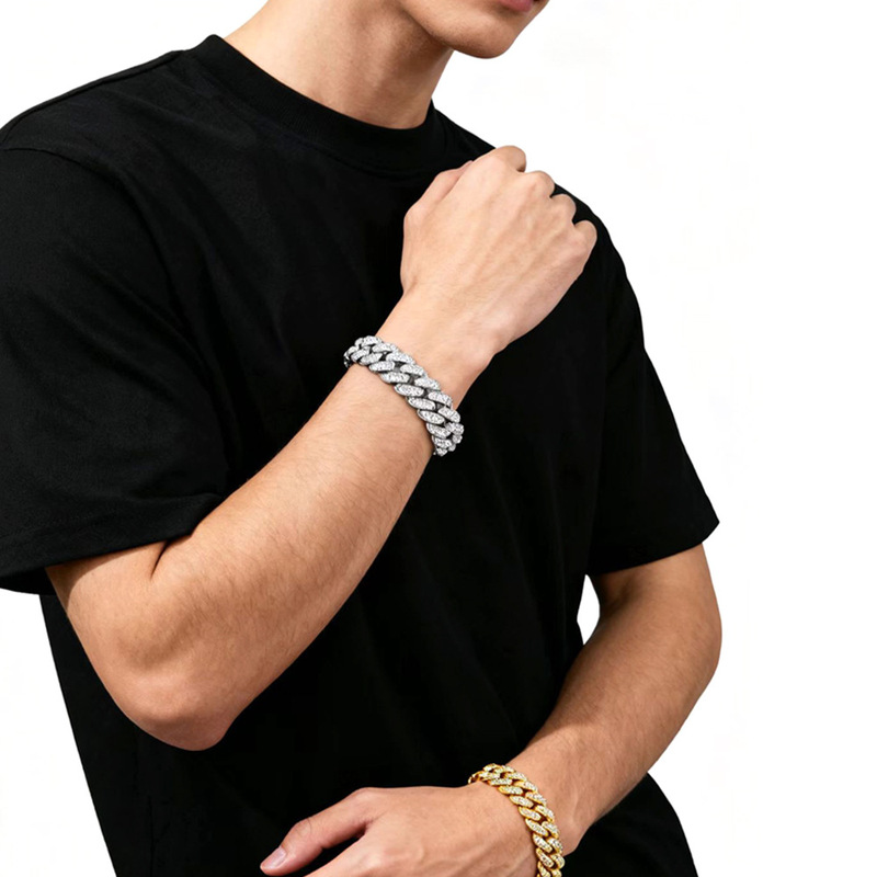 European and American hip-hop men's full diamond bracelet 18k environmental protection plating hiphop domineering bracelet jewelry manufacturers supply