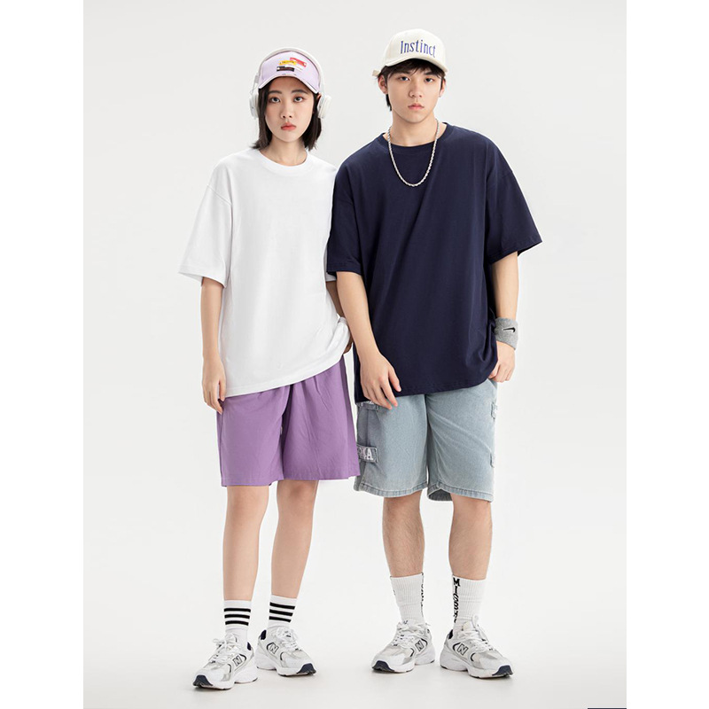 250g pesado 32 hilo doble algodón suelto fuera del hombro cuello redondo hombres manga corta Camiseta de algodón color sólido todo partido superior