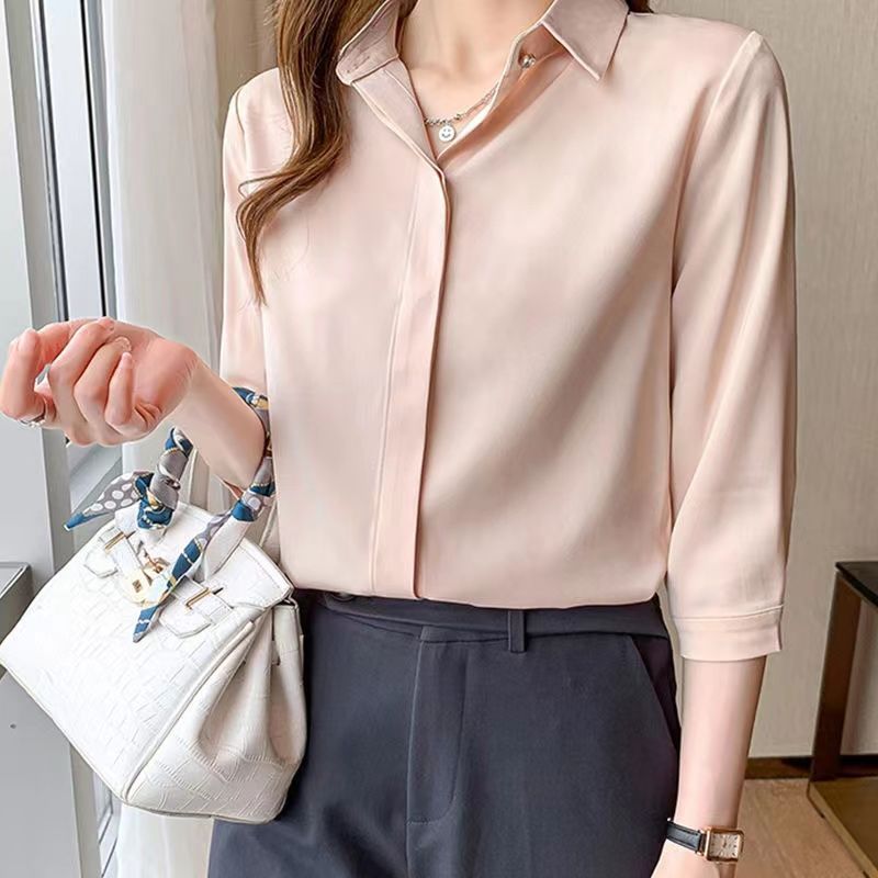 杭州のシルクのシャツの女性の長袖の春秋服の新型の绢糸の上着の白い職業は底のシャツの女性を詰めます。|undefined