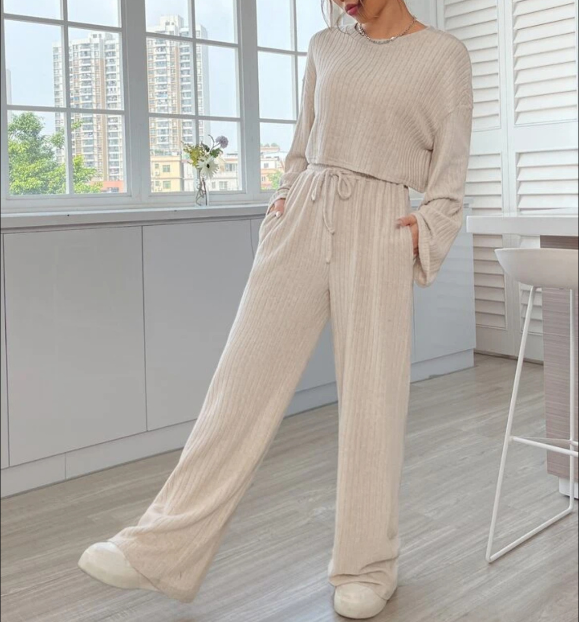 Herbst und winter neue casual hause tragen gestrickte lange ärmeln frauen anzug_voghion.com