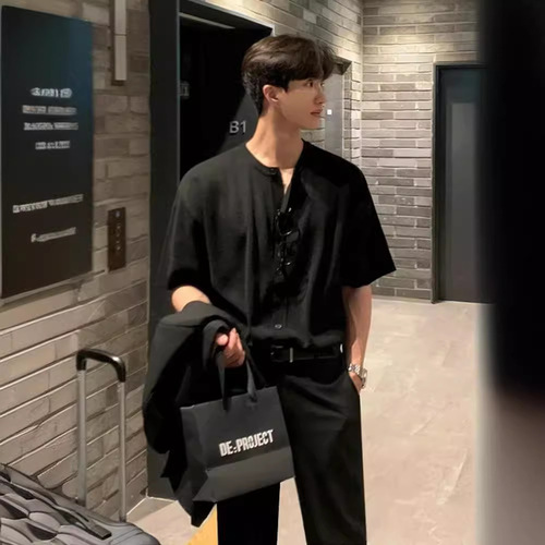 Summer thin T-shirt for men, short-sleeved, high-end, loose and lazy style, open knitted top, Hong Kong style, Insta casual T-shirt