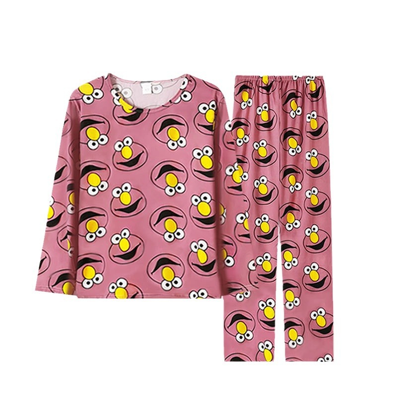 Pijamas de dibujos animados al por mayor para mujer, conjunto de pijama de primavera y otoño con cuello redondo, manga larga y pantalones largos, conjunto de ropa de estar para chicas pequeñas