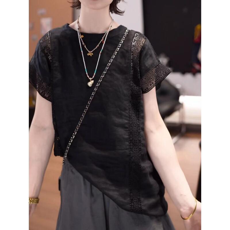 Linen Solid Color Design Lace Hollow-Out Patchwork Short-Sleeve T-Shirt for Women, New Summer Versatile Simple Casual Top