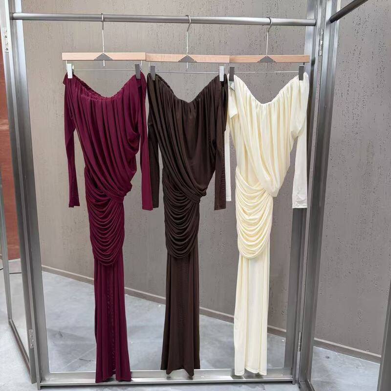 2026 Spring/Summer Cross-Border One-Shoulder Long Sleeve Melard Style Elastic Mesh Maxi Dress Slimming Ruched Dress