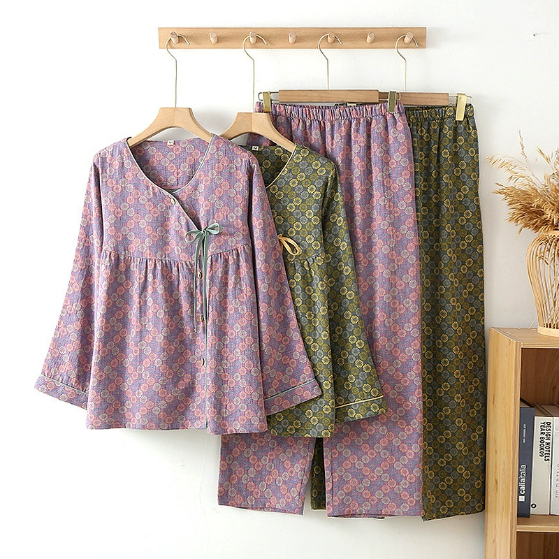 Новая Хлопковая пижама в китайском стиле, Женская весенне-осенняя марлевая одежда с длинными рукавами, окрашенная в пряжу, домашняя одежда в стиле ретро, костюм через плечо в национальном стиле, можно носить на улице