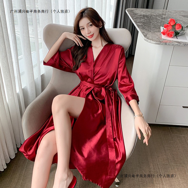 여성용 잠옷 봄, 가을 진짜 얼음과 눈 실크 긴팔 드레싱 가운 신부 들러리 호텔 스타일 홈웨어 대형 사이즈 외부에 착용 가능