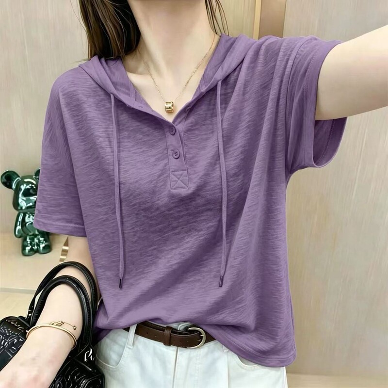 Pure Cotton Slub Cotton Loose Hooded Short-Sleeved T-Shirt for Women Summer New Slim Fashion Women's Hoodie Top for Women