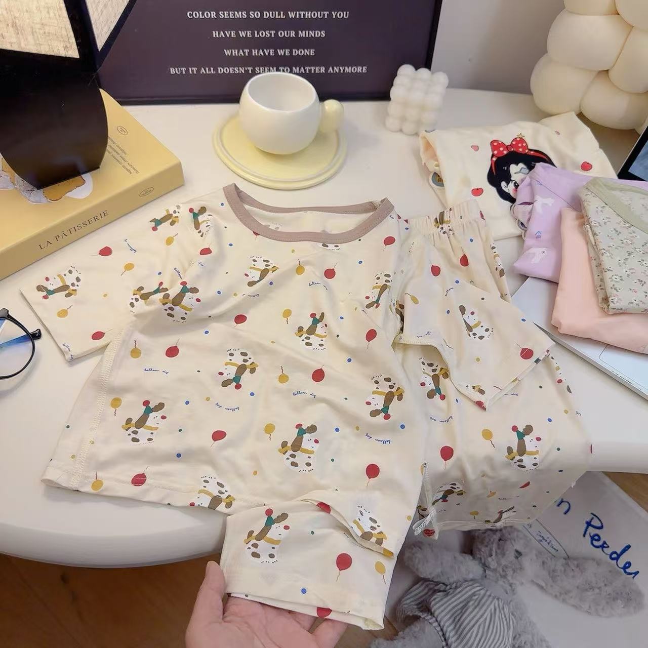 [Personalizado] Pijamas para niños, ropa de aire acondicionado ligera y transpirable para niños de verano, traje de ropa para el hogar de encaje de manga tres cuartos para niñas