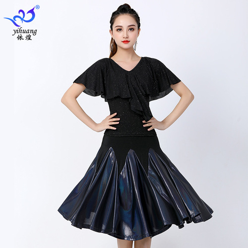 Women girls black with red Latin ballroom dance dresses royal blue large swing skirt waltz tango performance outfits for female